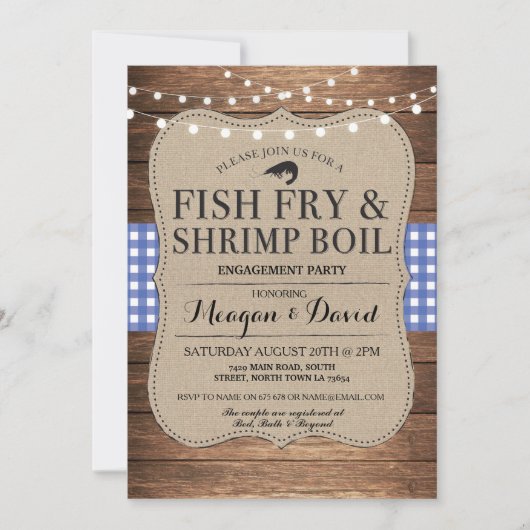 Fish Fry Verloving Blauwe Douche Garnalen Kook Kaart (Voorkant)