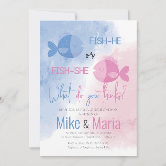 Fish-he or Fish-she gender reveal invitation Kaart (Voorkant)
