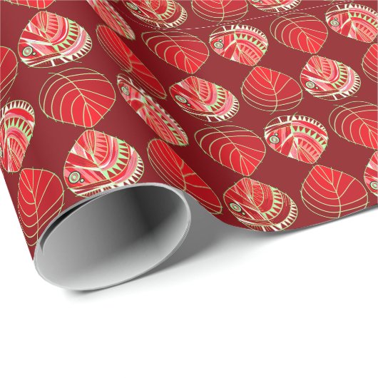 Fish Head Leaves New Red Cherry Groen Wit Cadeaupapier (Rol Hoek)