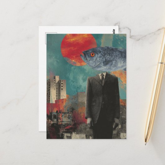 Fish Head Persoon surrealistisch Briefkaart (Voorkant / Achterkant in situ)