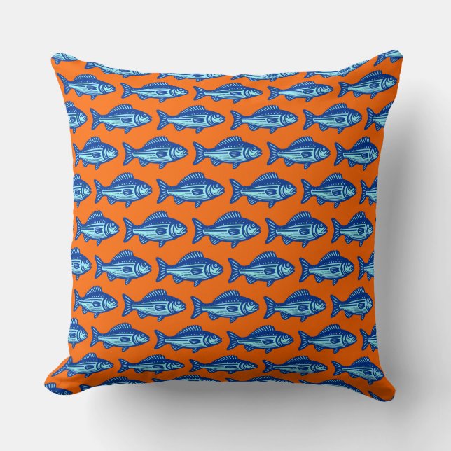 Fish Pattern - Navy Blue en Ice Blue op Sinaasappe Kussen (Voorkant)