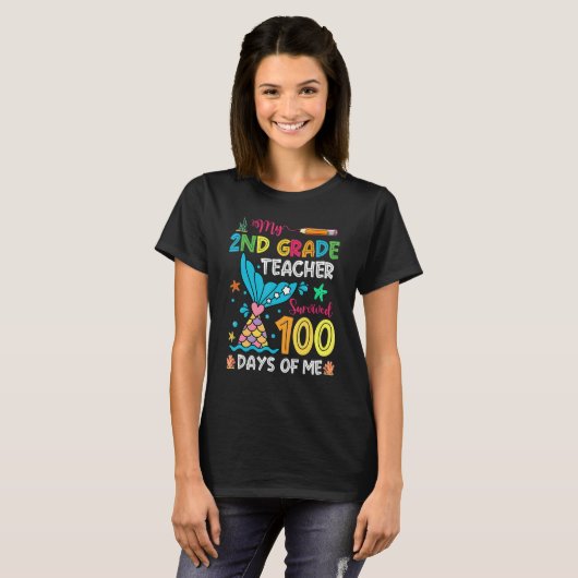 Fish Tail 2nd Grade Teacher Survived 100 Days Of M T-shirt (Voorkant volledig)