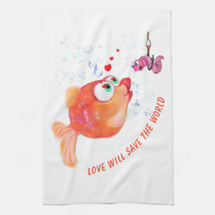 Fish & Worm Kitchen Towel Love Cartoon Painting Theedoek