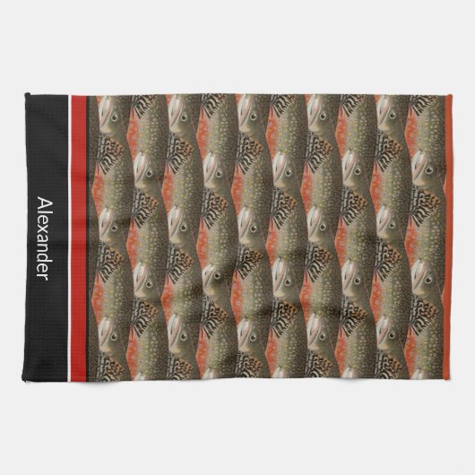 Fisherman Brook Forel Vis Ontwerp Zwart Wit Roest Theedoek (Horizontaal)