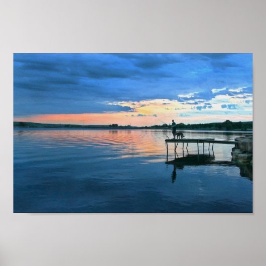 Fisherman en zijn hond op zonsondergang poster (Voorkant)