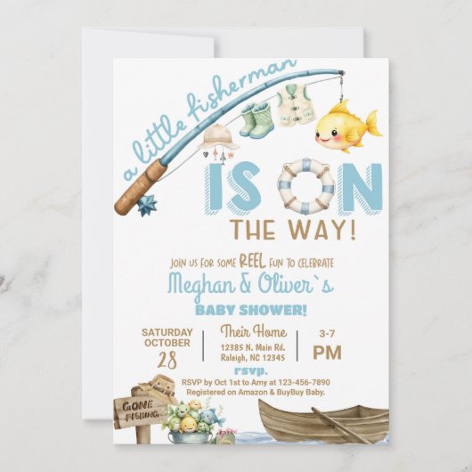 Fisherman / fishing boy reel fun baby shower. kaart (Voorkant)