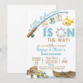 Fisherman / fishing boy reel fun baby shower. kaart (Voorkant / Achterkant)