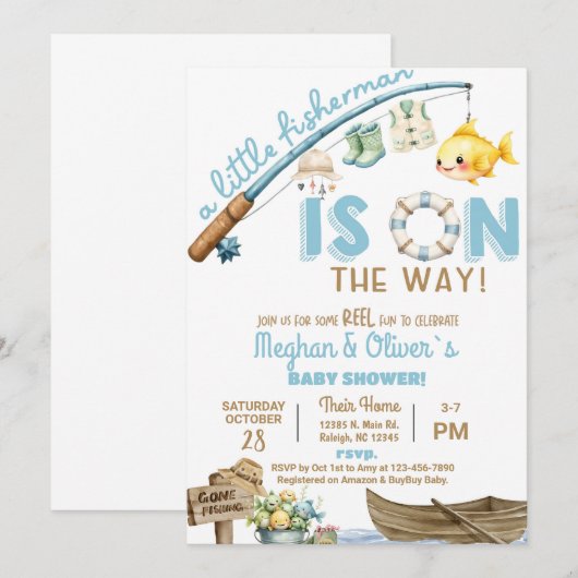 Fisherman / fishing boy reel fun baby shower. kaart (Voorkant / Achterkant)