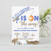 Fisherman / fishing boy reel fun baby shower. kaart (Staand voorkant)