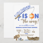 Fisherman / fishing boy reel fun baby shower. kaart (Voorkant / Achterkant)