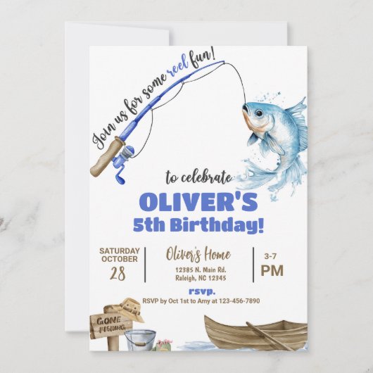 Fisherman / fishing boy reel fun birthday invite. kaart (Voorkant)