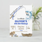 Fisherman / fishing boy reel fun birthday invite. kaart (Staand voorkant)