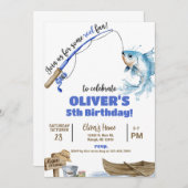 Fisherman / fishing boy reel fun birthday invite. kaart (Voorkant / Achterkant)
