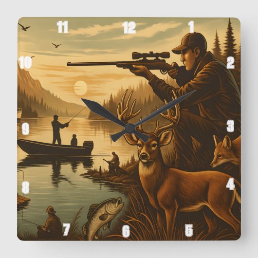 Fisherman Hunter Wildlife Sunset Vierkante Klok (Voorkant)