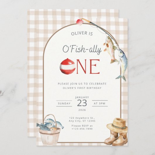 Fishing 1st Birthday Invitation O Fishally One  Kaart (Voorkant / Achterkant)