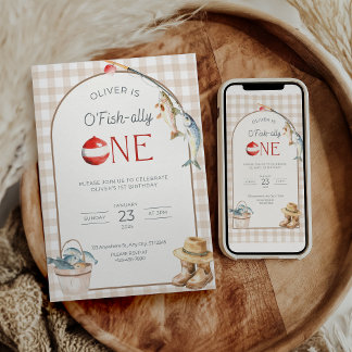 Fishing 1st Birthday Invitation O Fishally One Kaart