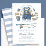 Fishing Baby Shower Invitation Boy Theme Kaart<br><div class="desc">Celebrate your little fisherman with this charming fishing-themed baby shower invitation! Featuring a watercolor-style baby outfit with denim overalls, fishing rod, fish, and nautical details in soft blue tones, this design creates a cozy, rustic lake-inspired vibe. Paired with a classic blue stripe pattern backing, it’s perfect for a boy baby...</div>