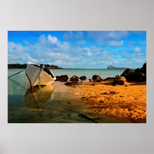 Fishing Boat On Mauritian Beach With Islet Poster (Voorkant)