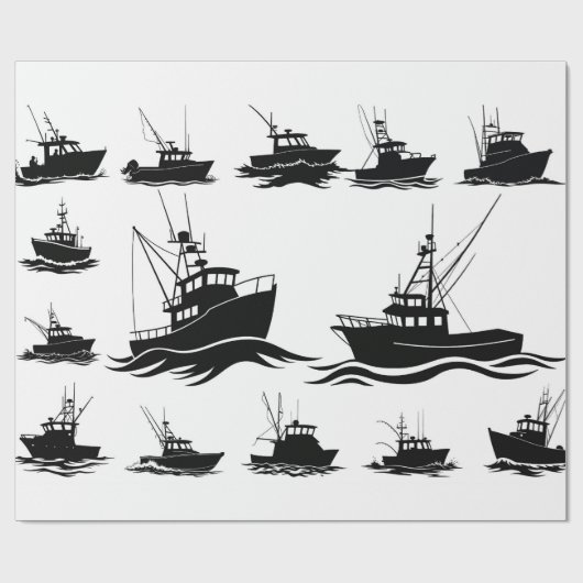 Fishing Boat Silhouette Pattern Wrapping Paper Cadeaupapier (Vlak)