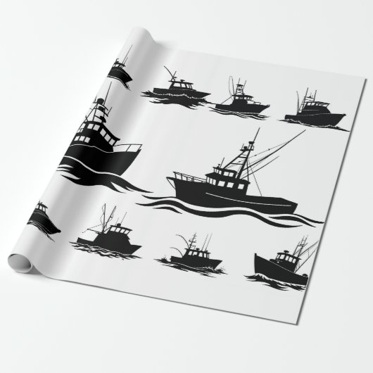 Fishing Boat Silhouette Pattern Wrapping Paper Cadeaupapier (Uitgerold)
