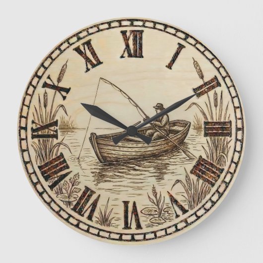 Fishing Boat Wall Clock – Wood-Burned Style Grote Klok (Voorkant)