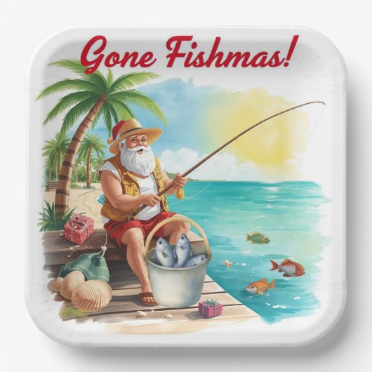 Fishing Christmas with Santa Claus Paper Plate Papieren Bordje (Voorkant)