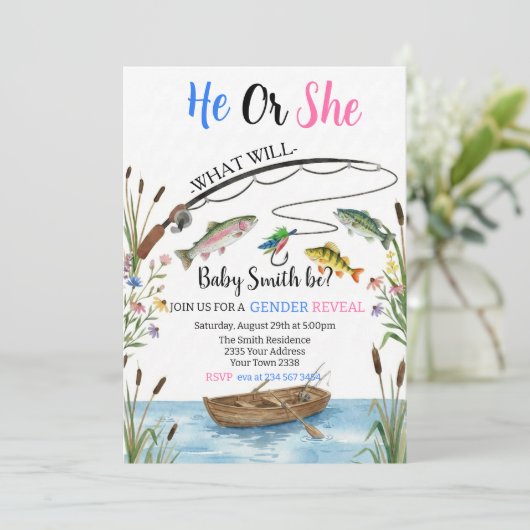 Fishing Gender Reveal Invitation, Fish-HE Fish-SHE Kaart (Staand voorkant)