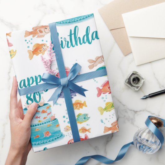 Fishing Lover 80th Birthday Watercolor  Cadeaupapier (Geschenken)