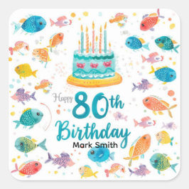 Fishing Lover 80th Birthday Watercolor  Vierkante Sticker