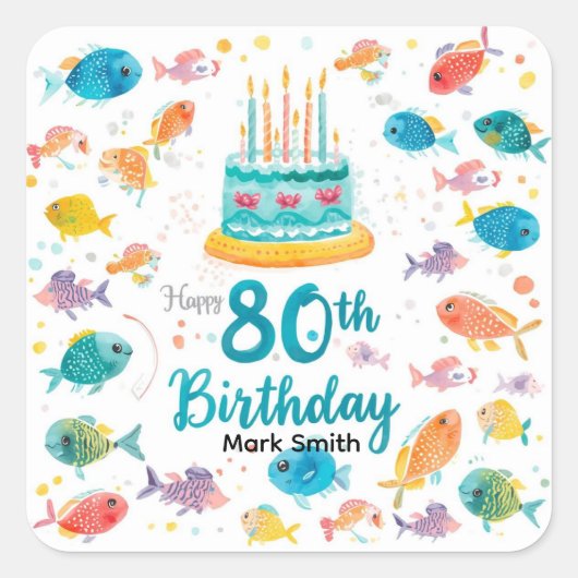 Fishing Lover 80th Birthday Watercolor  Vierkante Sticker (Voorkant)