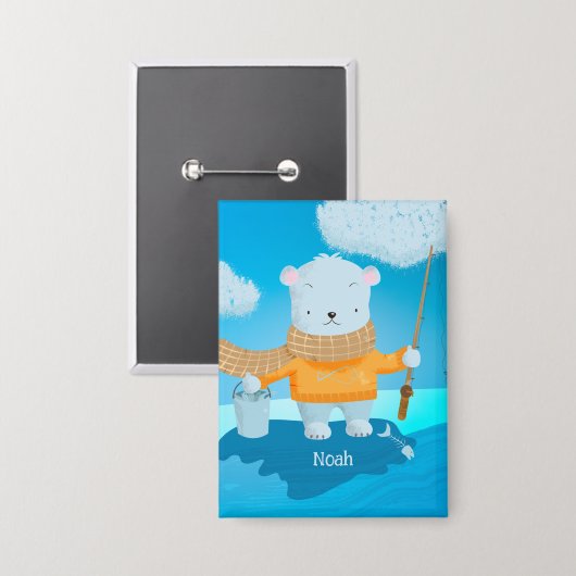 Fishing Polar Bear Kid Pin Button with Name (Voorkant / Achterkant)