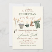 Fishing Reel Excited Boy Baby Shower Invitation Kaart (Voorkant)