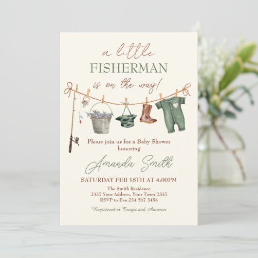 Fishing Reel Excited Boy Baby Shower Invitation Kaart (Staand voorkant)