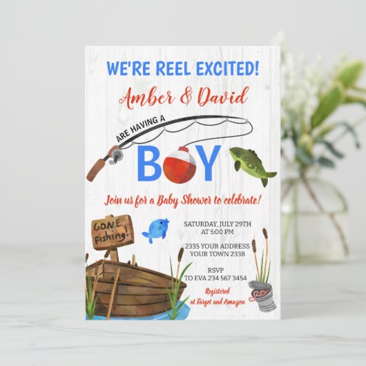 Fishing Themed Reel Excited Baby Shower  Kaart (Staand voorkant)
