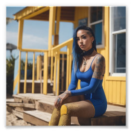 Fishnet Punk Babe Zittend op Yellow House Porch Foto Afdruk