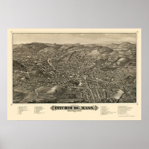 Fitchburg, MA Panorama Kaart - 1882 Poster
