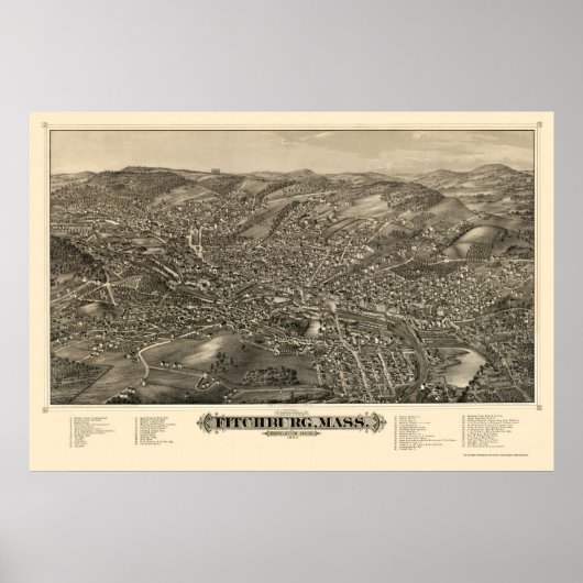 Fitchburg, MA Panorama Kaart - 1882 Poster (Voorkant)