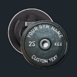 fitness - eigenaar of gebruiker fitness - funny button flesopener<br><div class="desc">Gym Eigenaar of Gebruikershynheid Funny dark grijy round weegplate afbeelding met aangepaste curved gym name text - ideaal geschenk voor die liefdeswerk,  fitness en bodybuilding,  of gewoon graag gymnasium</div>
