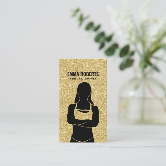 Fitness Girl Personal Trainer Gold Glitter Visitekaartje (Staand voorkant)