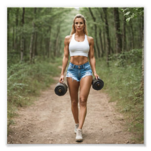 Fitness Meisje Dragen Gewichten In Bos Foto Afdruk