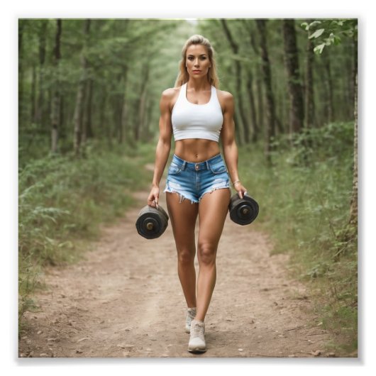 Fitness Meisje Dragen Gewichten In Bos Foto Afdruk (Voorkant)