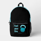 Fitness Motto Fuel Your Fire Electric-Blue Black Bedrukte Rugzak (Voorkant)