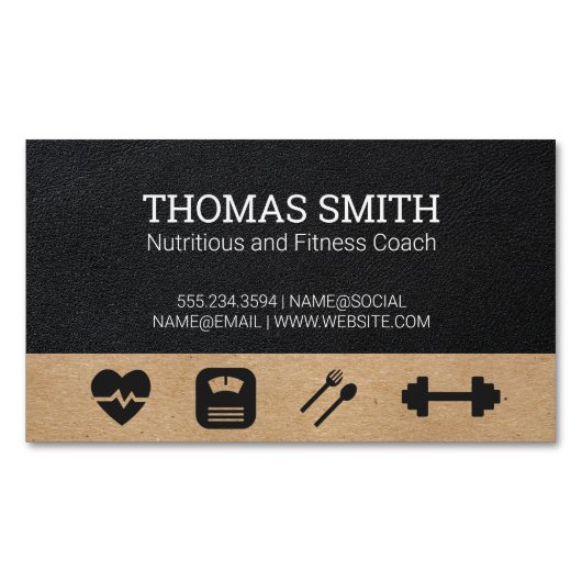 fitnesscoach | Gezondheid | zwart leder Magnetisch Visitekaartje (Voorkant)