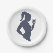 Fitnessmeisje tilt dumbbels papieren bordje (Voorkant)