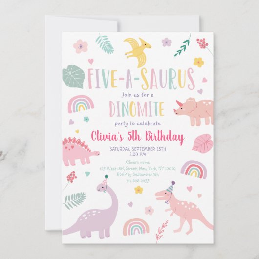Five-a-saurus Pink Pastel Dinosaurus Verjaardag Kaart (Voorkant)