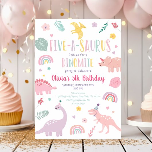Five-a-saurus Pink Pastel Dinosaurus Verjaardag Kaart