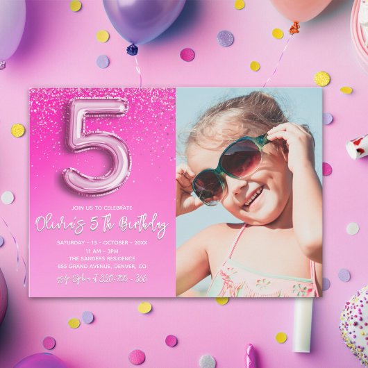 "Five and Fabulous Pink Glitter Birthday Photo Kaart