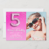 "Five and Fabulous Pink Glitter Birthday Photo Kaart (Voorkant)