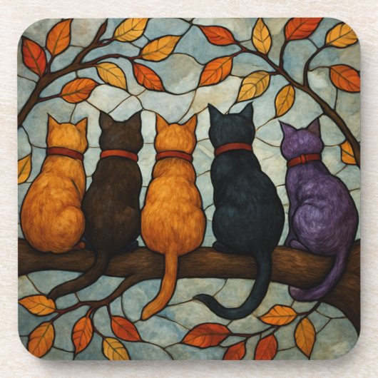 Five Cats on a Tree Branch Stained Glass Style Bier Onderzetter (Voorkant)