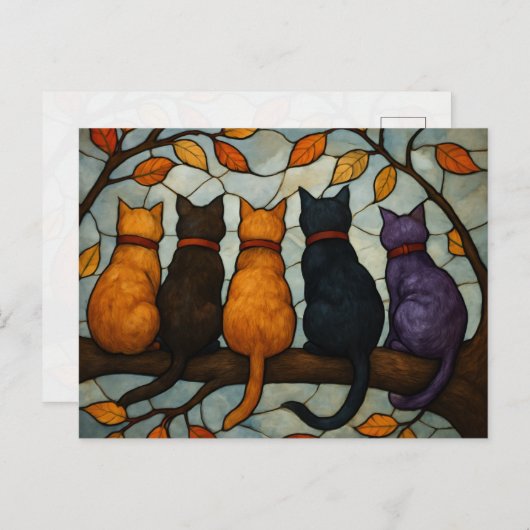 Five Cats on a Tree Branch Stained Glass Style Briefkaart (Voorkant / Achterkant)
